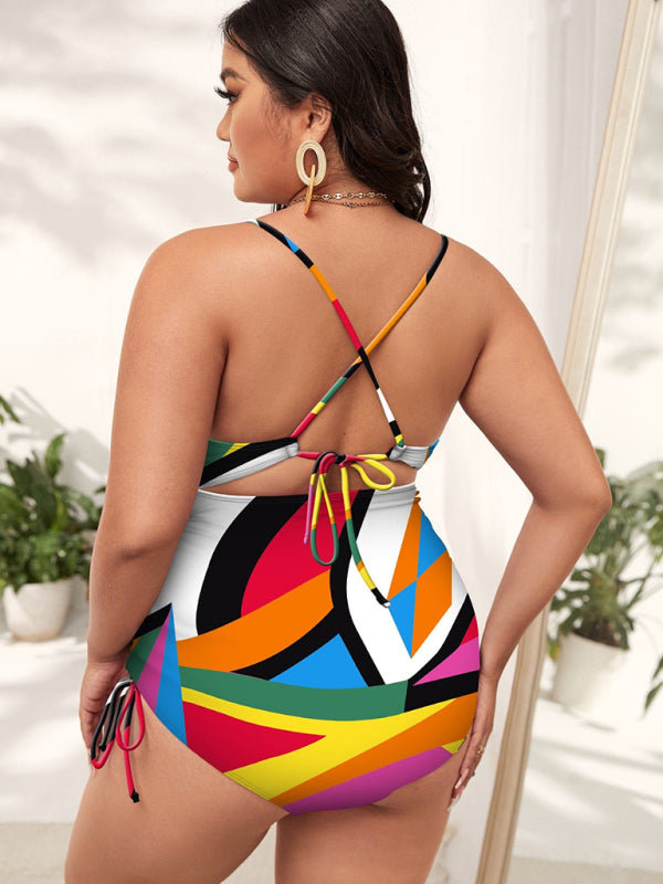 Coloured Geo Print Push-up Hollow One-Piece Swimsuit