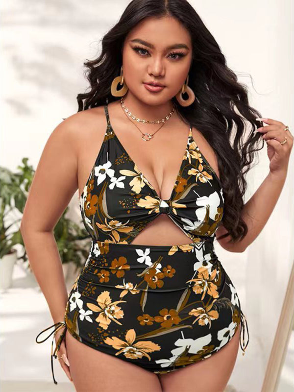 Brown & White Floral Print Push-up Hollow One-Piece Swimsuit