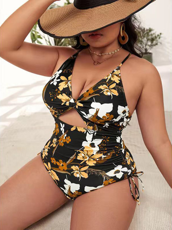 Pink Floral Push-up Hollow One-Piece Swimsuit