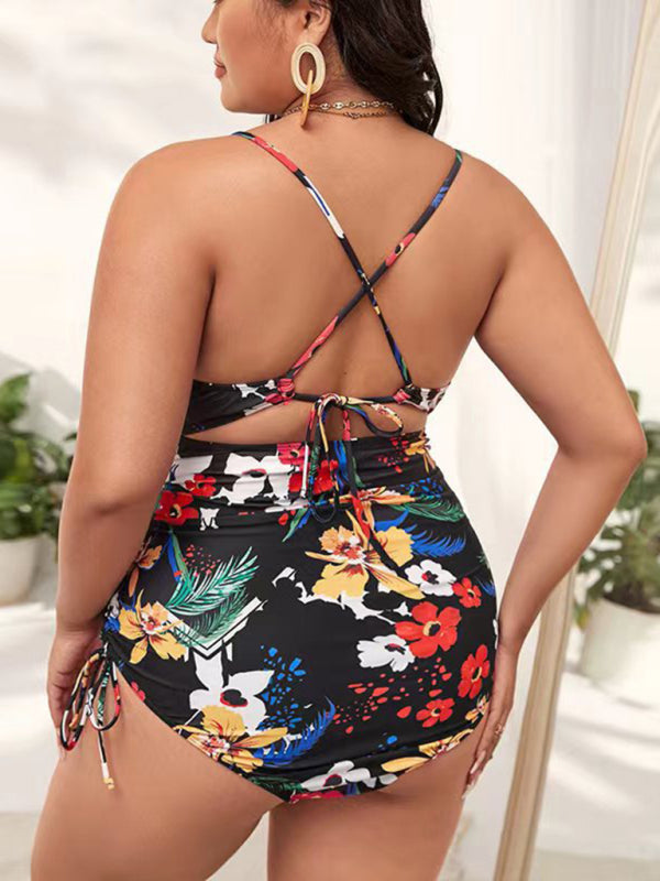 Brown & White Floral Print Push-up Hollow One-Piece Swimsuit