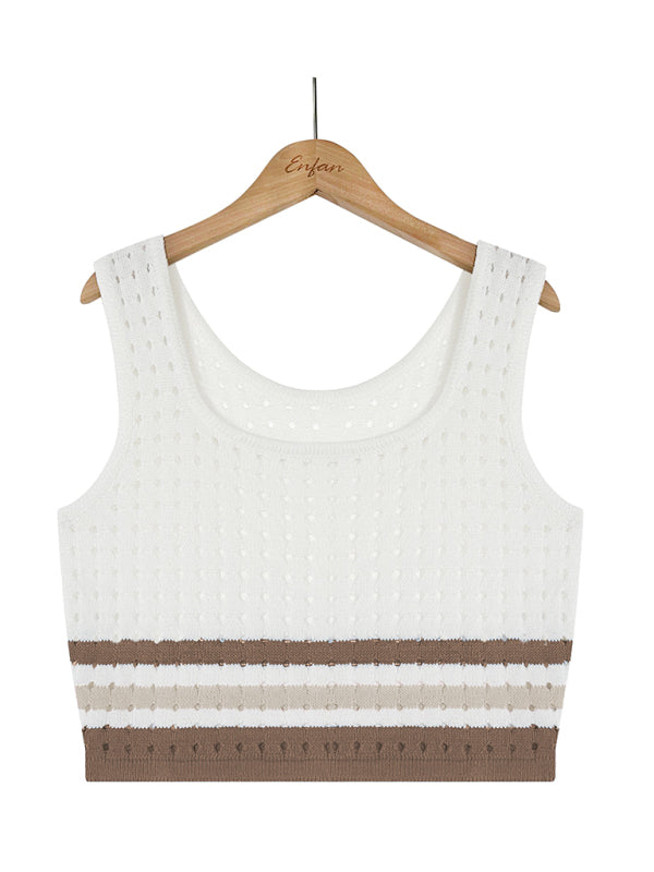 Khaki Stripe Print Open Stitch Crop Top & Pencil Skirt Set