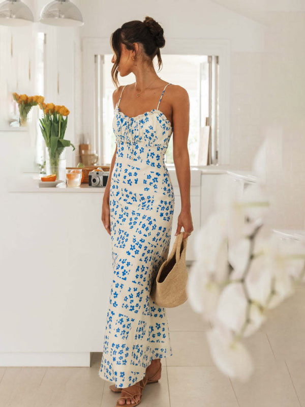 Slim-fit V-neck Printed backless Maxi Dress