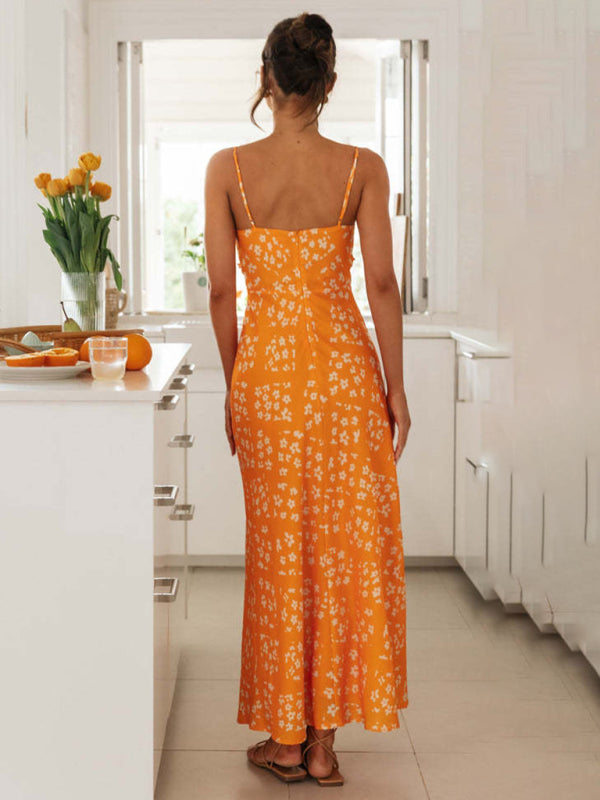 Slim-fit V-neck Printed backless Maxi Dress
