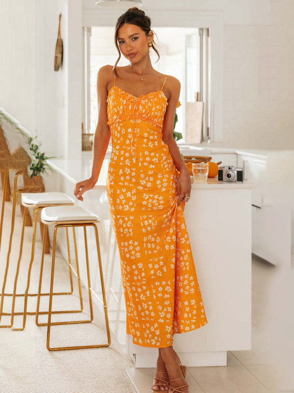 Slim-fit V-neck Printed backless Maxi Dress