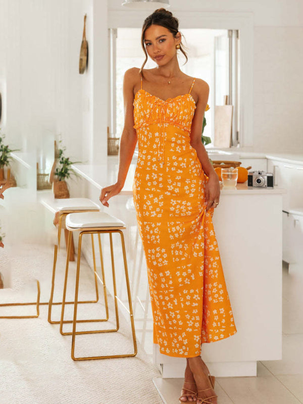 Slim-fit V-neck Printed backless Maxi Dress
