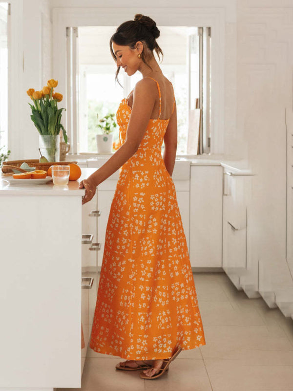 Slim-fit V-neck Printed backless Maxi Dress