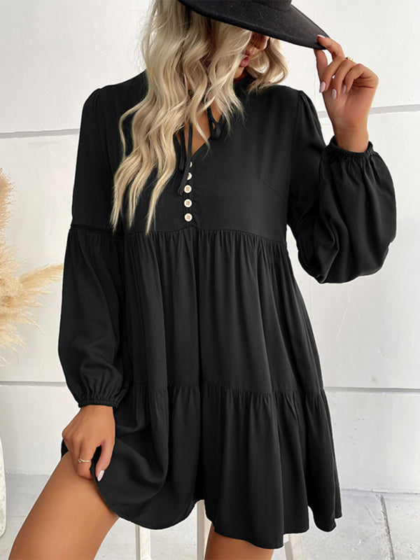 Long Sleeve Tiered Mini Dress - Navy