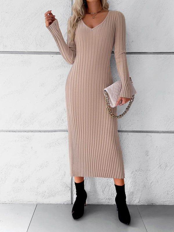 Women's new style elegant solid color v-neck long-sleeved sweater dress