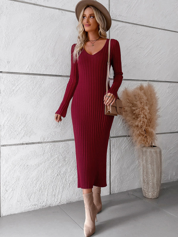 Women's new style elegant solid color v-neck long-sleeved sweater dress