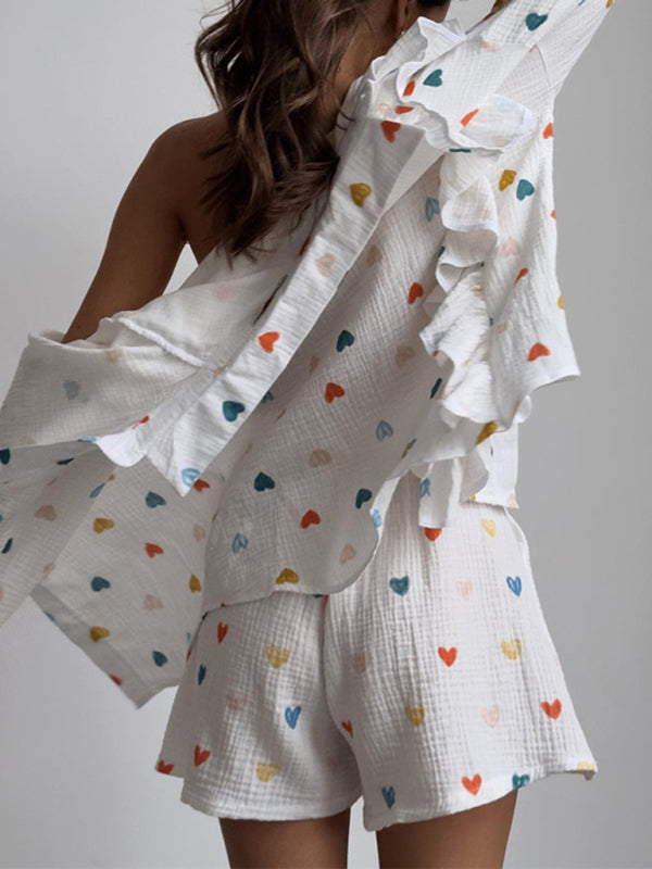 Cracker Khaki Ruffle Heart Printed Shirt & Shorts Set