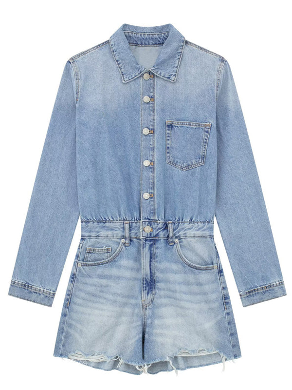 Denim Short Long Sleeve Lapel Women's Jumpsuit