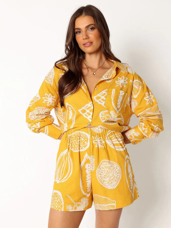 Yellow Fruit Print Shorts & Blouse Set