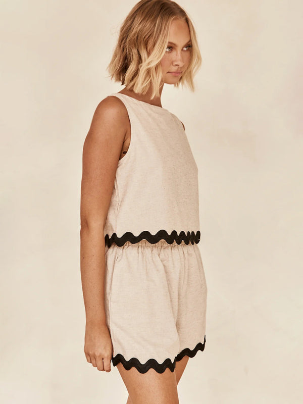 Casual Black with White Trim Sleeveless Top & Shorts Set