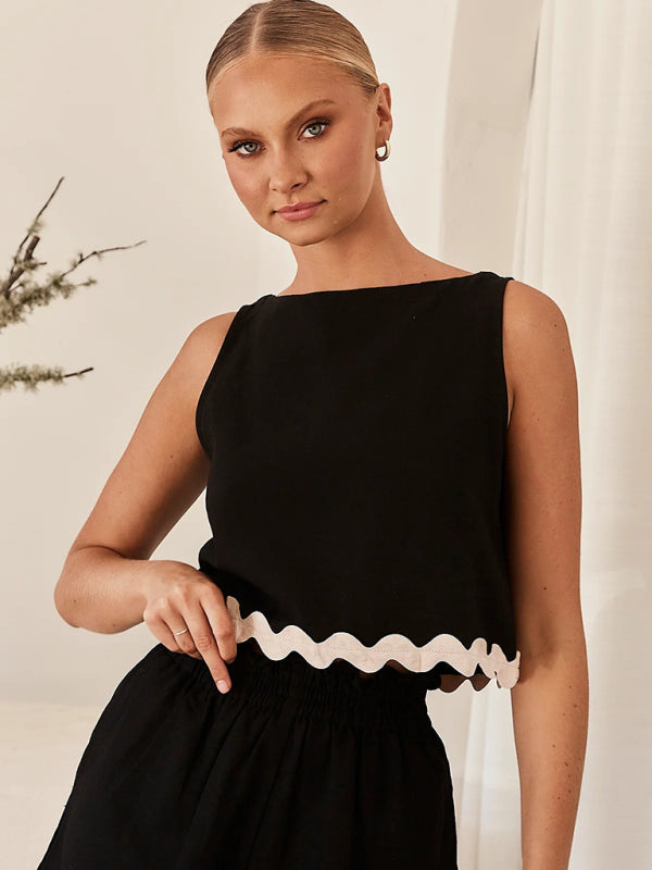 Casual Black with White Trim Sleeveless Top & Shorts Set