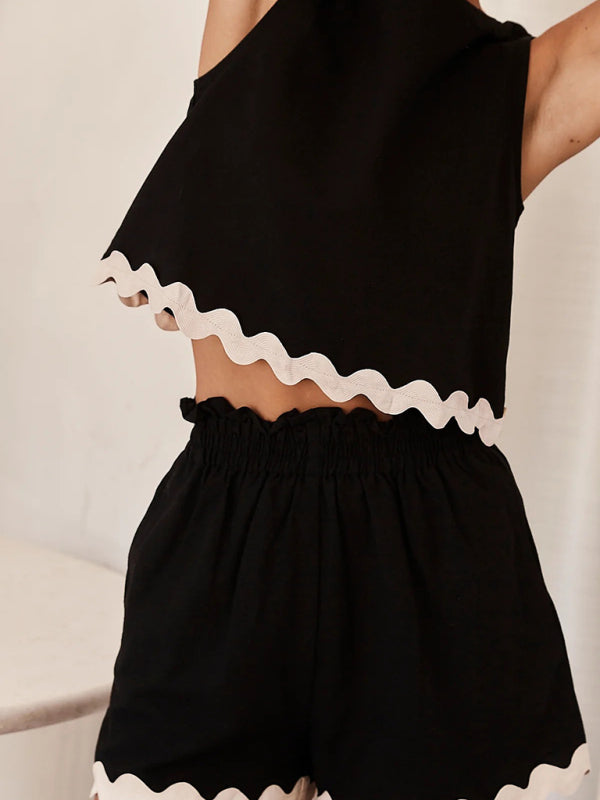 Casual Black with White Trim Sleeveless Top & Shorts Set