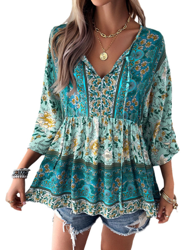 New women's casual temperament printed V-neck top