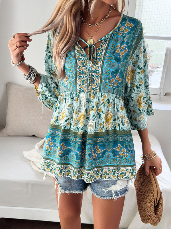New women's casual temperament printed V-neck top