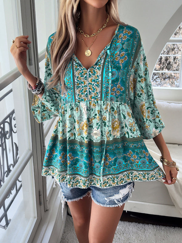 New women's casual temperament printed V-neck top