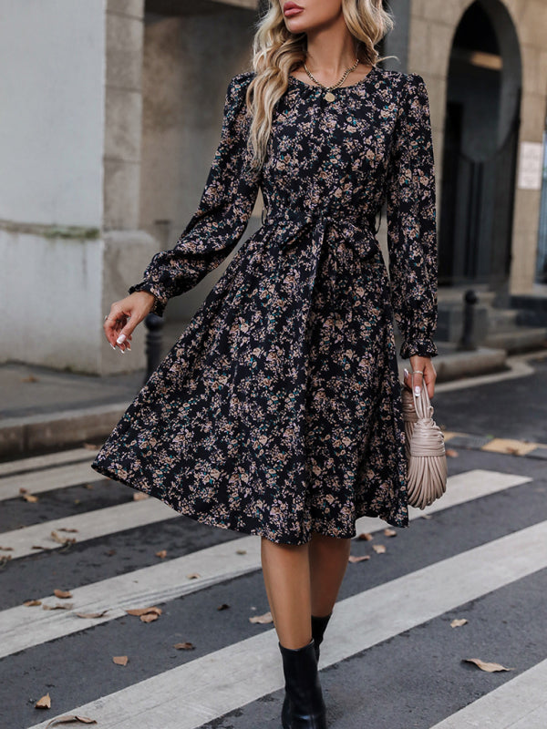 Women's Elegant Round Neck Floral Belt Dress