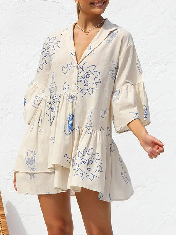 Trumpet Sleeve Shirt Dress - White