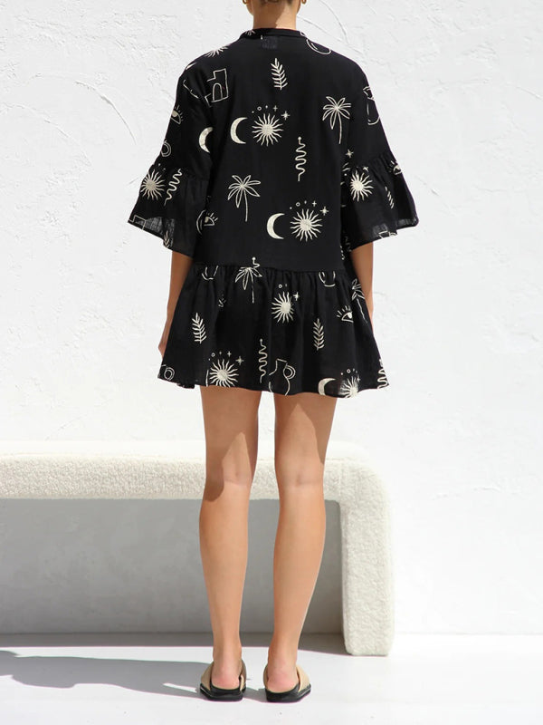 Trumpet Sleeve Shirt Dress - White