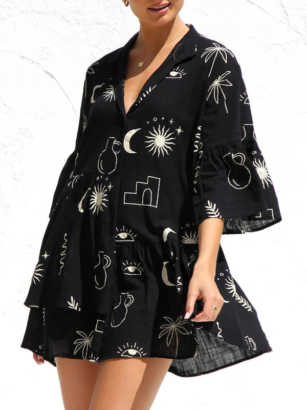 Trumpet Sleeve Shirt Dress - White