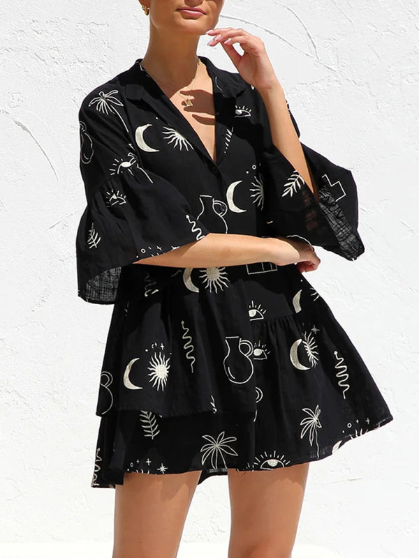 Trumpet Sleeve Shirt Dress - White