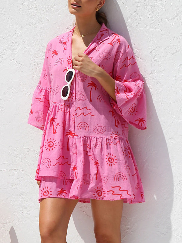 Trumpet Sleeve Shirt Dress - White