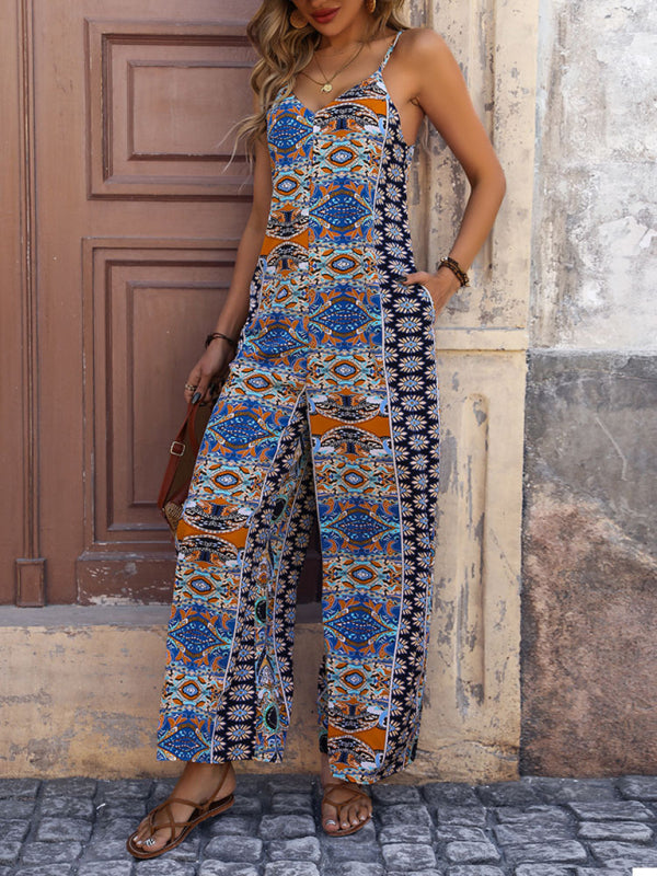 Women's backless printed suspenders wide-leg jumpsuit