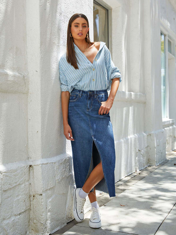 New front slit denim high waist a line mid length skirt