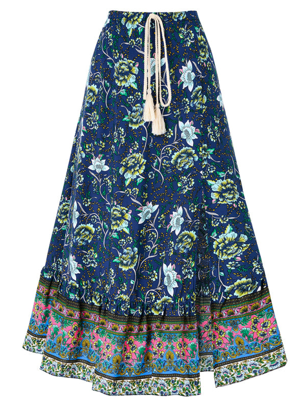 New casual bohemian printed waist drawstring skirt