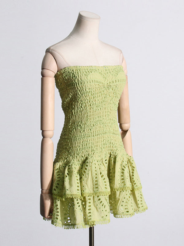 Designer Embroidered Tube Top Ruffle Dress - Green