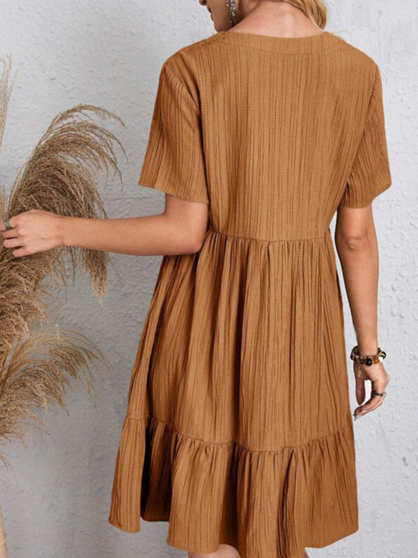 New Wave Wrinkle Breathable Loose Hem V-neck Short Sleeve Splicing Solid Color Dress