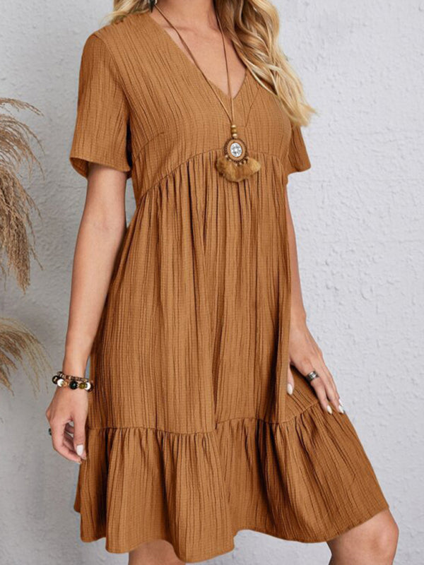 New Wave Wrinkle Breathable Loose Hem V-neck Short Sleeve Splicing Solid Color Dress