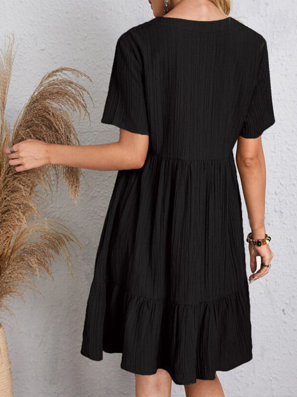 New Wave Wrinkle Breathable Loose Hem V-neck Short Sleeve Splicing Solid Color Dress