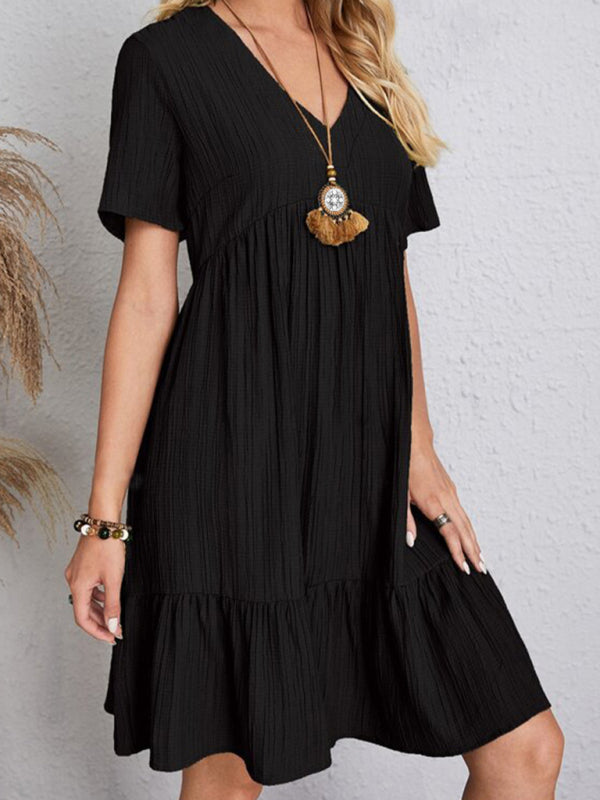 New Wave Wrinkle Breathable Loose Hem V-neck Short Sleeve Splicing Solid Color Dress