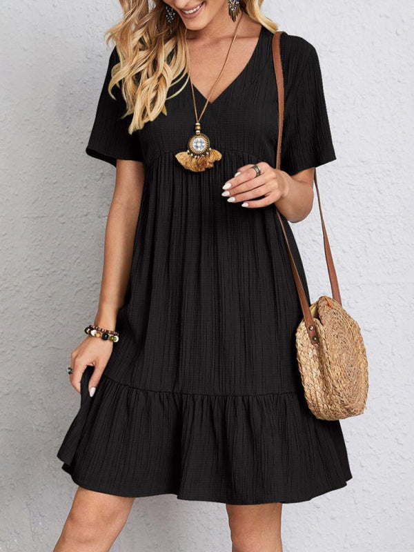 New Wave Wrinkle Breathable Loose Hem V-neck Short Sleeve Splicing Solid Color Dress