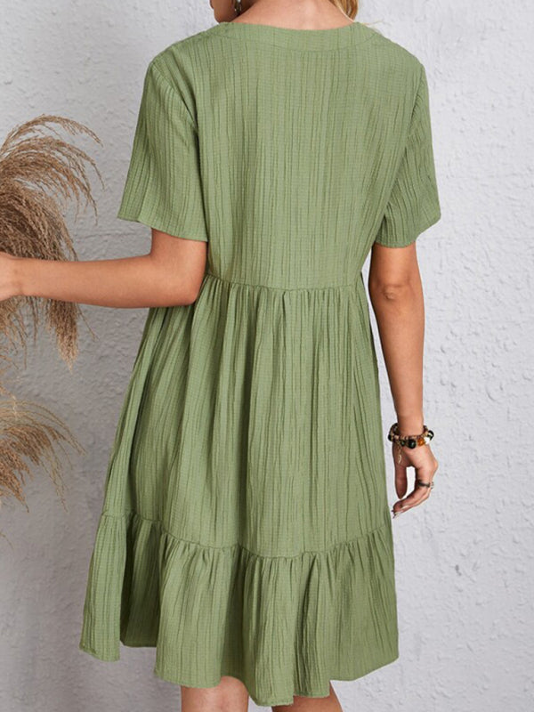 New Wave Wrinkle Breathable Loose Hem V-neck Short Sleeve Splicing Solid Color Dress