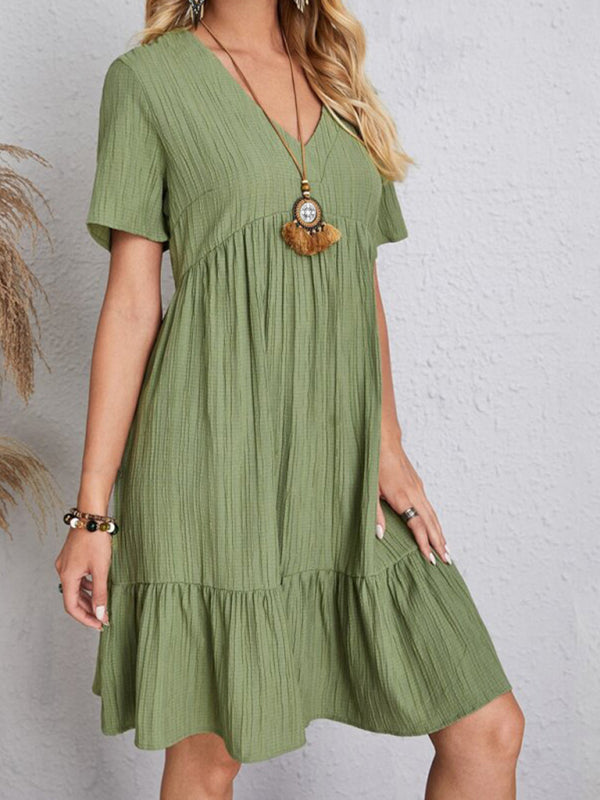 New Wave Wrinkle Breathable Loose Hem V-neck Short Sleeve Splicing Solid Color Dress