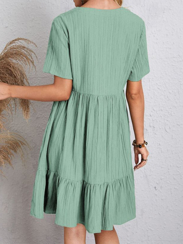 New Wave Wrinkle Breathable Loose Hem V-neck Short Sleeve Splicing Solid Color Dress