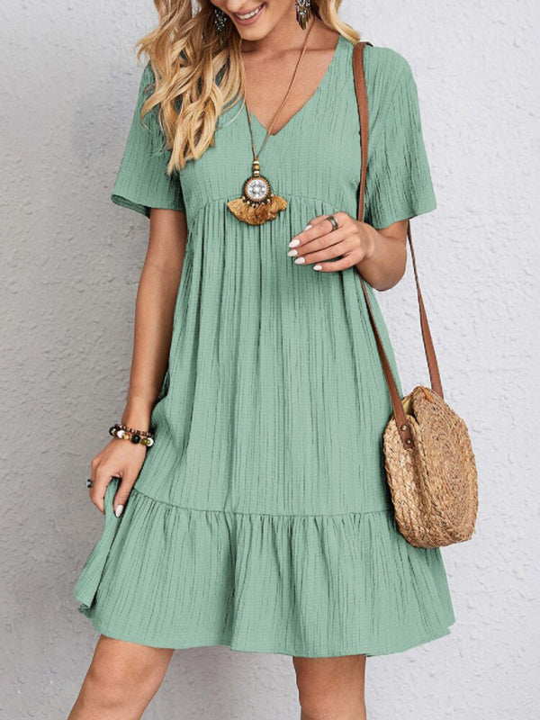 New Wave Wrinkle Breathable Loose Hem V-neck Short Sleeve Splicing Solid Color Dress