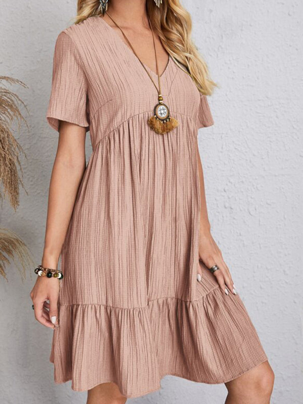 New Wave Wrinkle Breathable Loose Hem V-neck Short Sleeve Splicing Solid Color Dress
