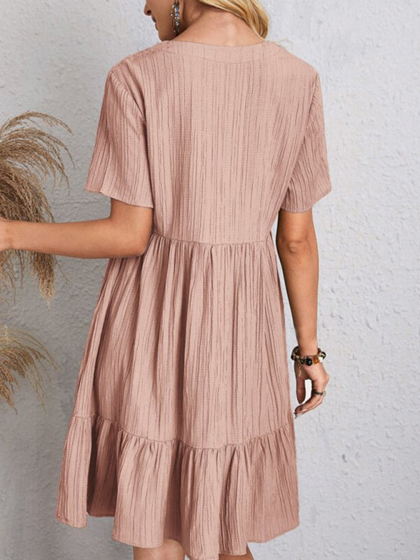 New Wave Wrinkle Breathable Loose Hem V-neck Short Sleeve Splicing Solid Color Dress