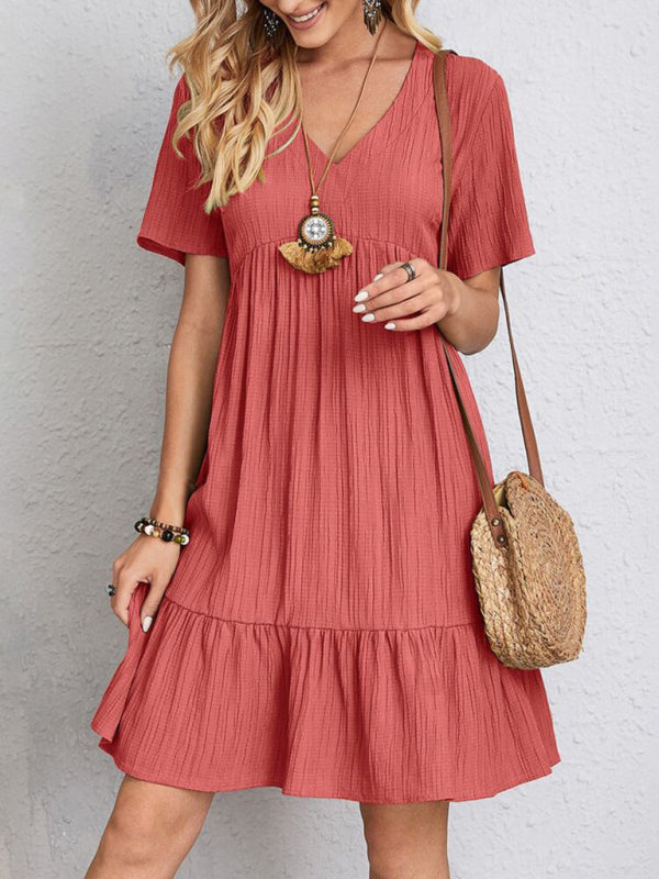 New Wave Wrinkle Breathable Loose Hem V-neck Short Sleeve Splicing Solid Color Dress