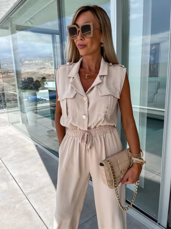 Elastic Waist Petite Pants Nine-Point Jumpsuit