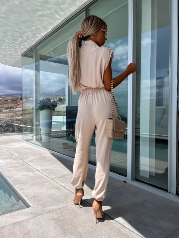 Elastic Waist Petite Pants Nine-Point Jumpsuit