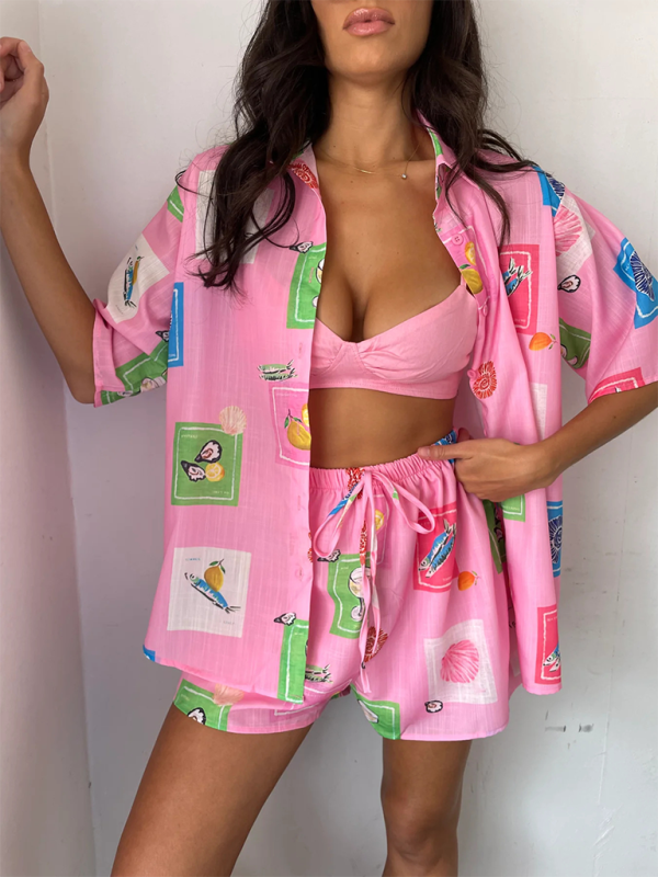 Printed Shorts Tie Elastic Casual Two-piece Set - Hot Pink