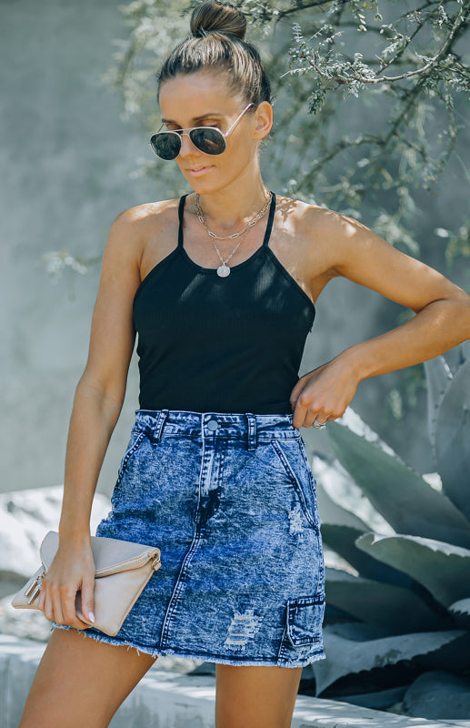 Women's High Waist Distressed Denim Mini Skirt with Pocket