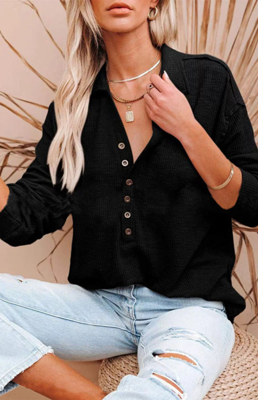 Women's Solid Color Long Sleeve Semi Button Top