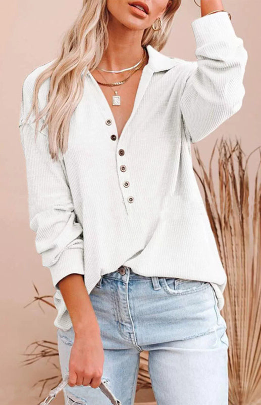 Women's Solid Color Long Sleeve Semi Button Top